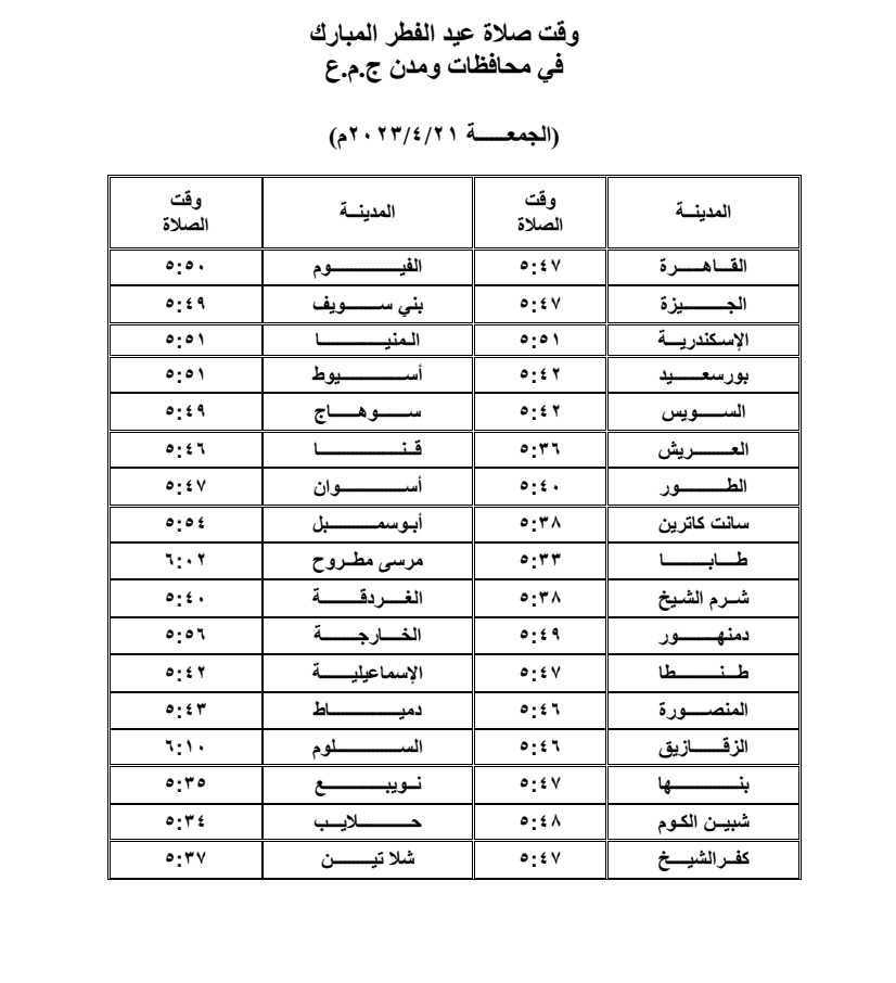 مواعيد صلاة عيد الفطر 2023