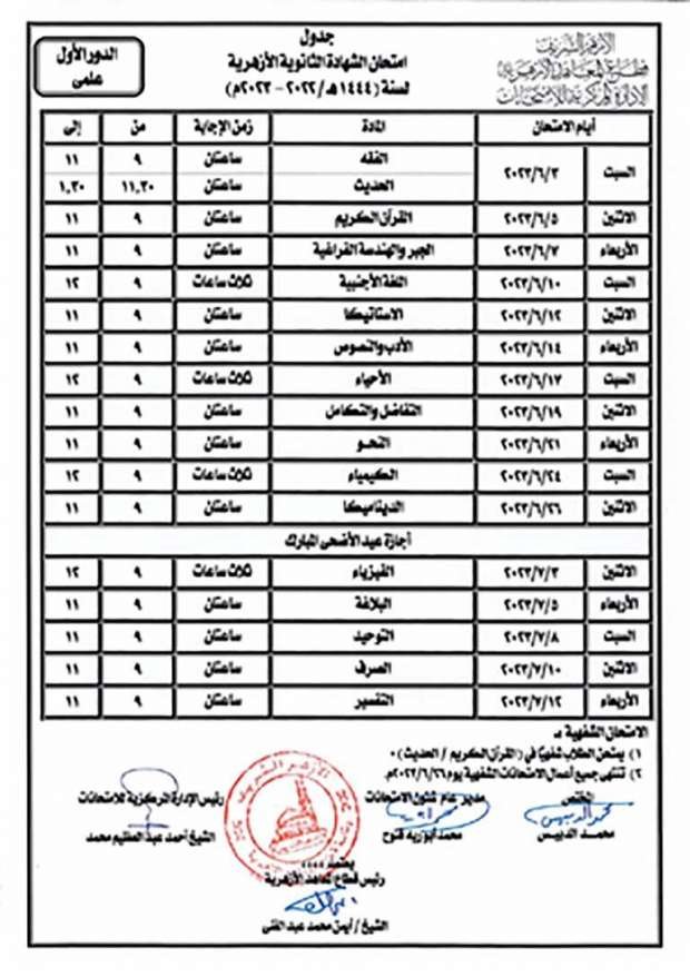 جدول امتحانات الثانوية الأزهرية 2023 