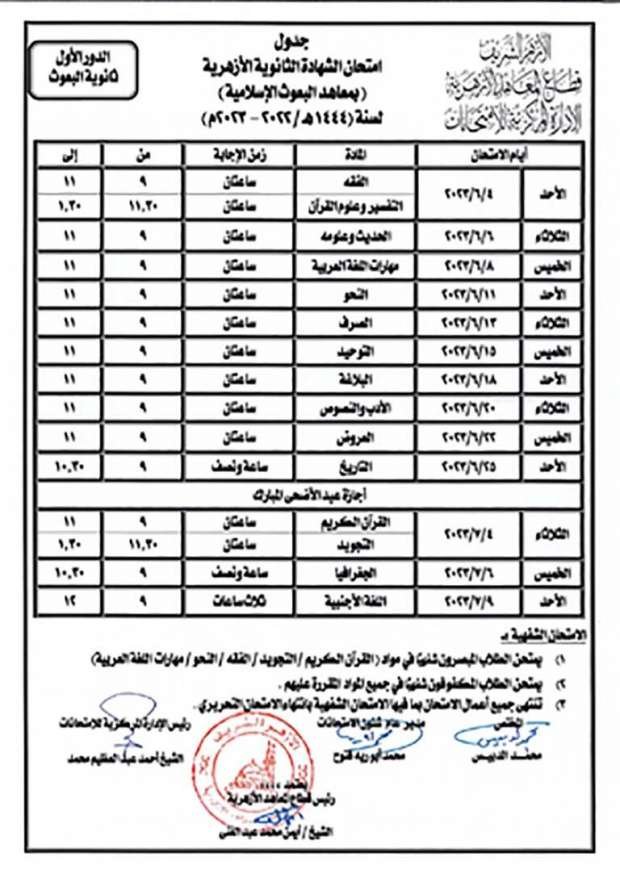 جدول امتحانات الثانوية الأزهرية 2023